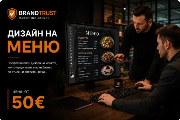 Дизайн на меню за заведение, рекламна визия на Brand Trust